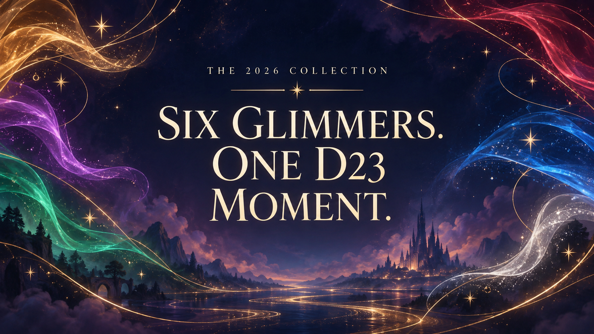 Six glimmers, one D23 moment — 2026 collection editorial illustration with coloured magical ink and gold starlight