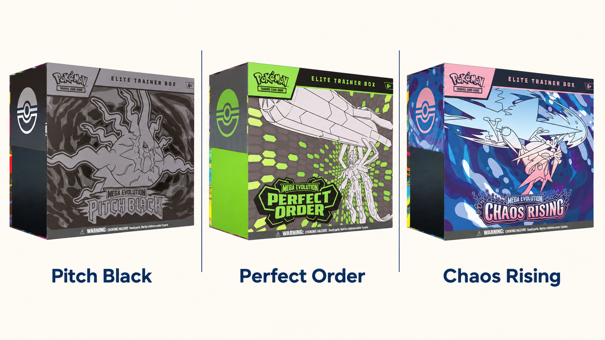 Pitch Black, Perfect Order and Chaos Rising Mega Evolution Elite Trainer Boxes side by side