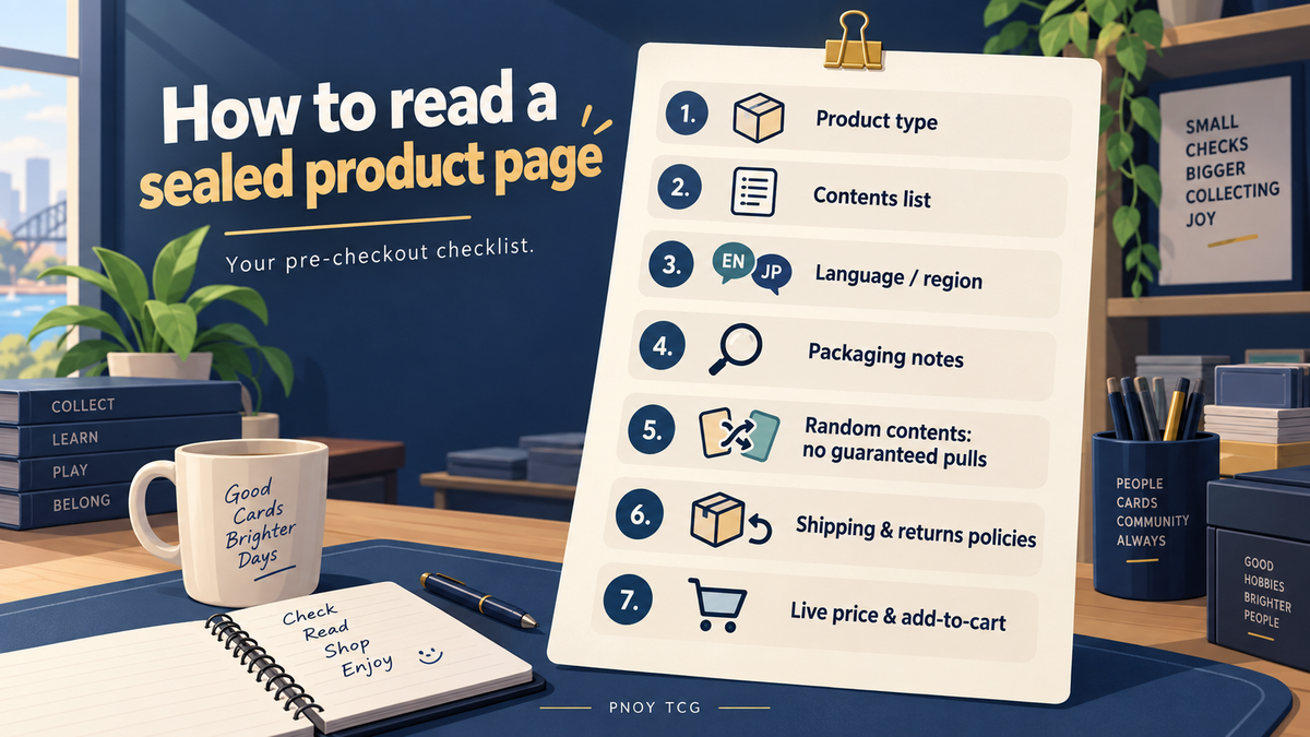 Illustrated checklist for reading a sealed trading-card product page