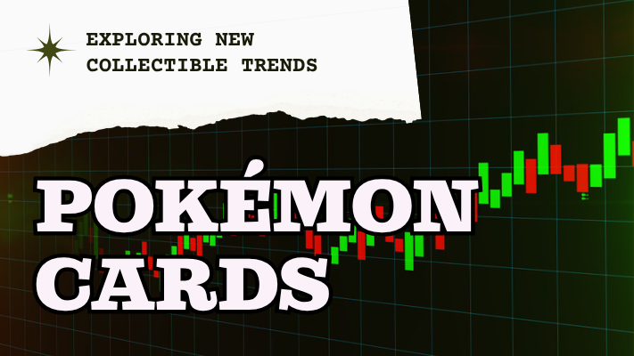 Pokémon cards and a financial market chart illustrating collectible investment trends in Australia