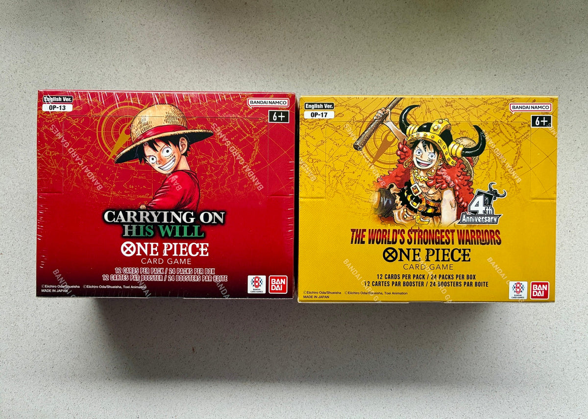 English One Piece collection featuring OP-13 and OP-17 booster boxes