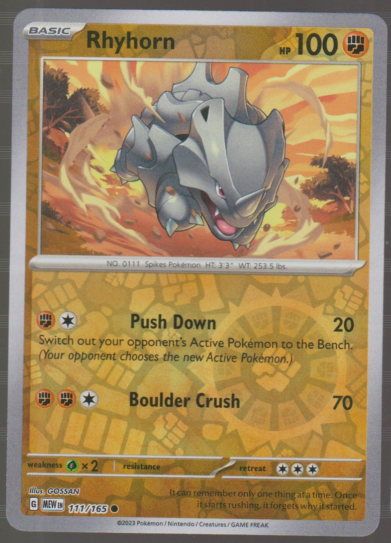 Rhyhorn 111/165 Reverse Holo — English Pokémon Scarlet & Violet 151 card front scan