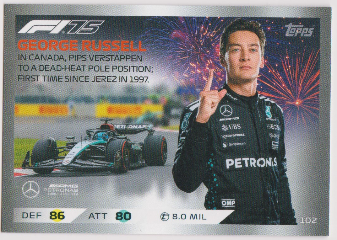 George Russell 102 Epic Moments, 2025 Topps F1 Turbo Attax, English single card scan