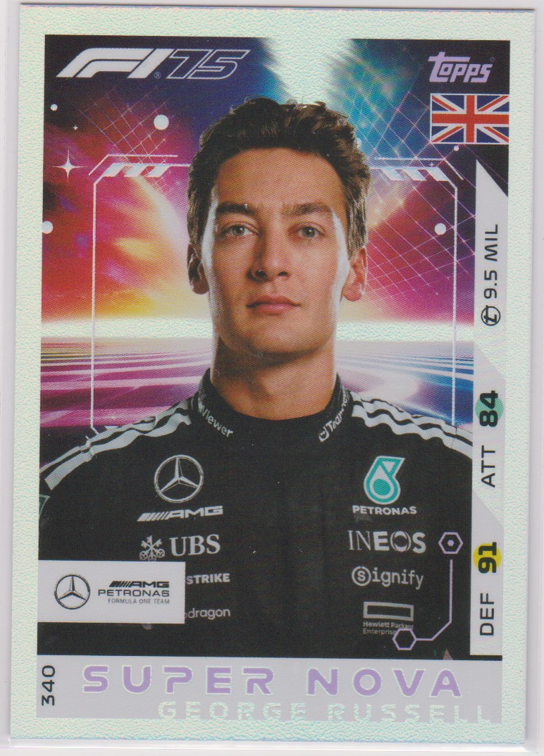 George Russell 340 Super Nova, 2025 Topps F1 Turbo Attax, English single card scan