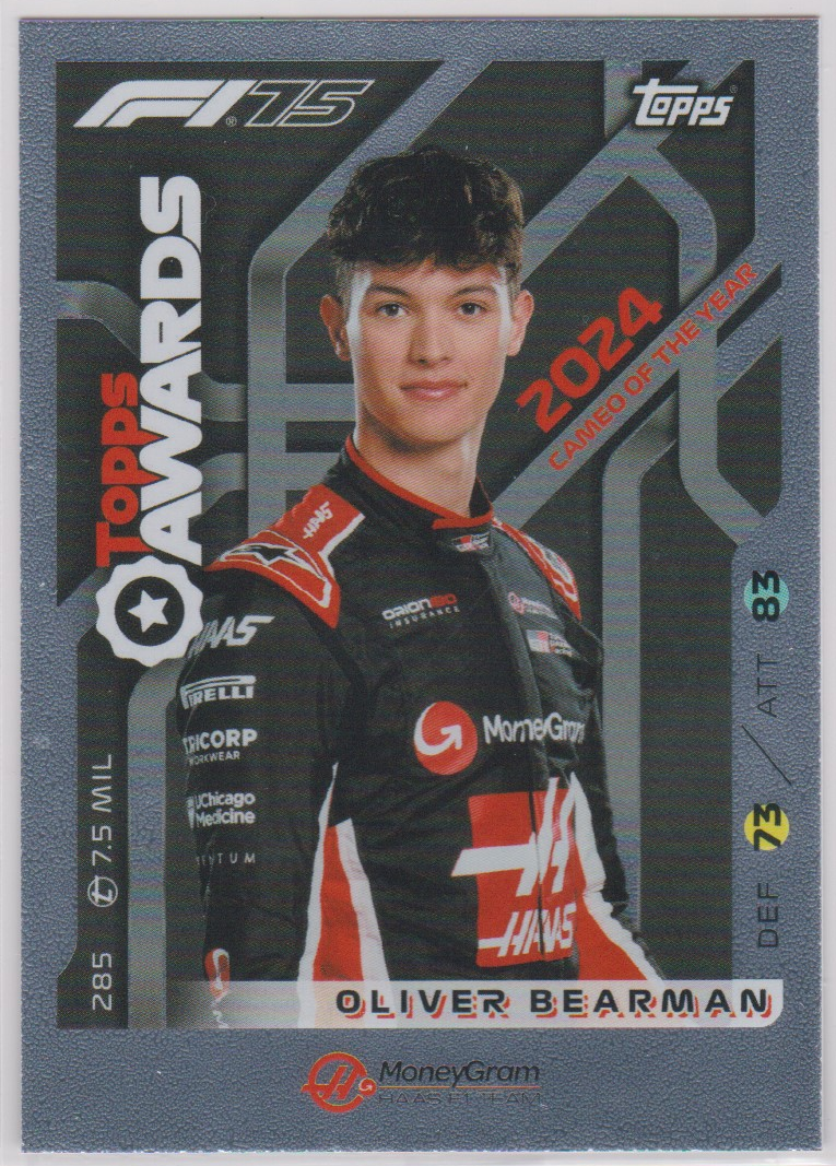 Oliver Bearman 285 Topps Awards, 2025 Topps F1 Turbo Attax, English single card scan