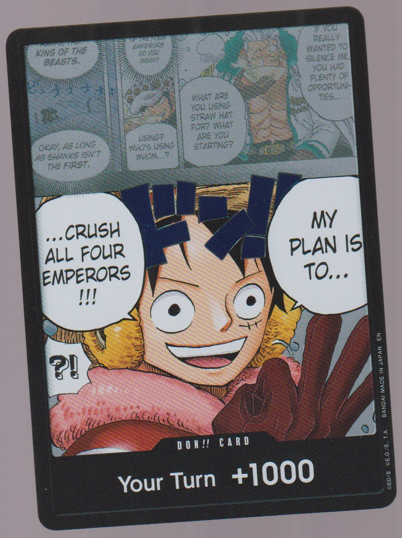 DON!! Crush All Four Emperors, English, Luffy and Law manga artwork, black border, actual scanned card