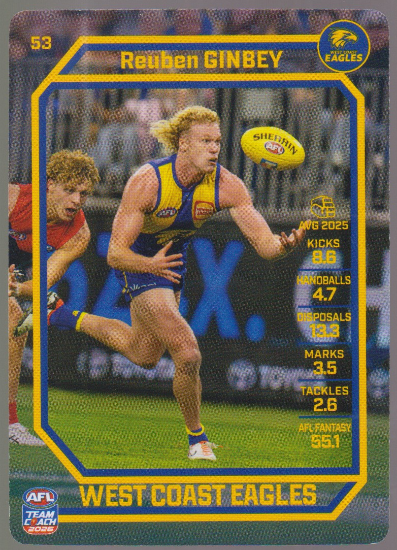 Reuben Ginbey 53, Common, 2026 AFL Teamcoach English card scan