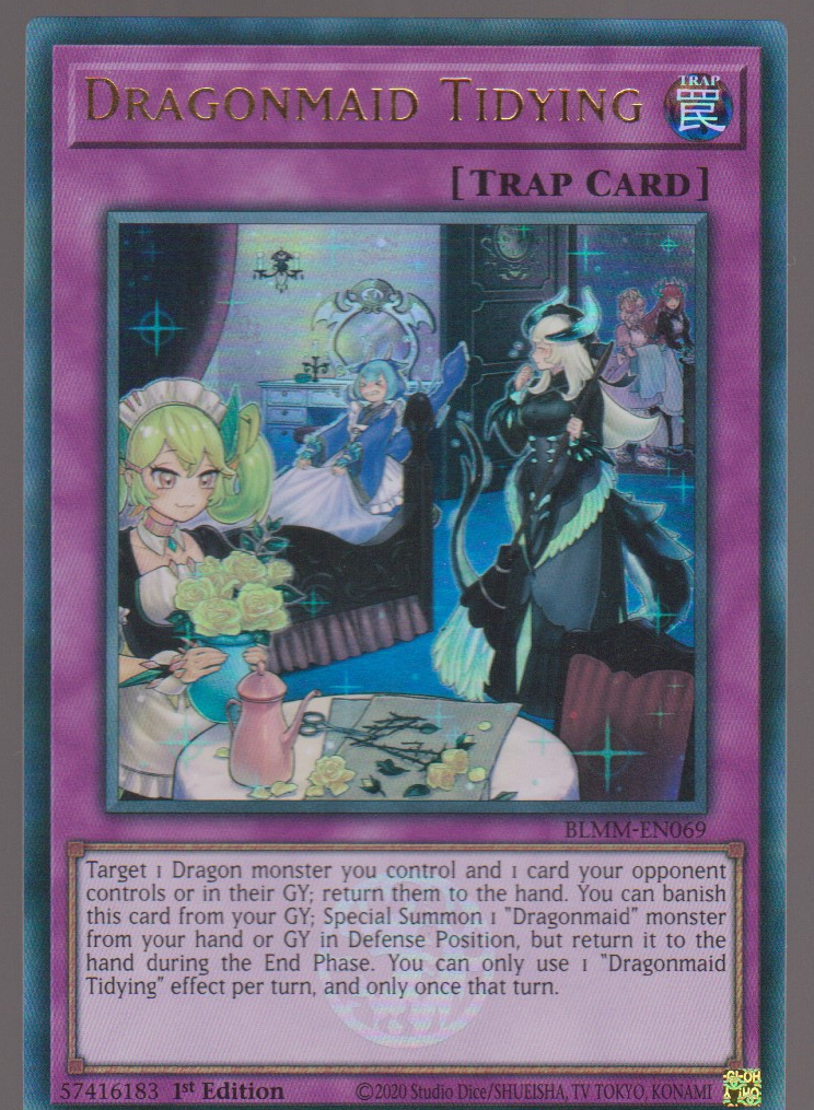Dragonmaid Tidying BLMM-EN069, English 1st Edition Emblazoned Ultra Rare, scanned Yu-Gi-Oh! card front