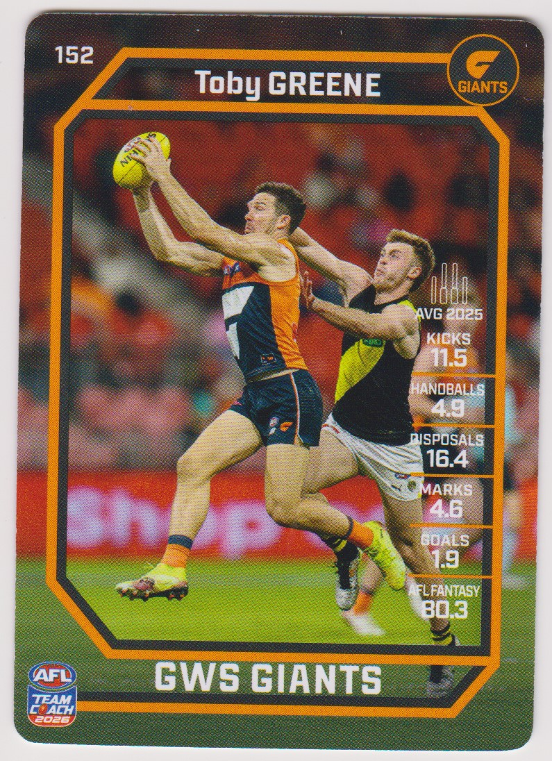 Toby Greene 152, Common, 2026 AFL Teamcoach English card scan