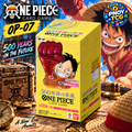 PNOY TCG promotional image of a yellow Japanese One Piece OP-07 booster box featuring Luffy