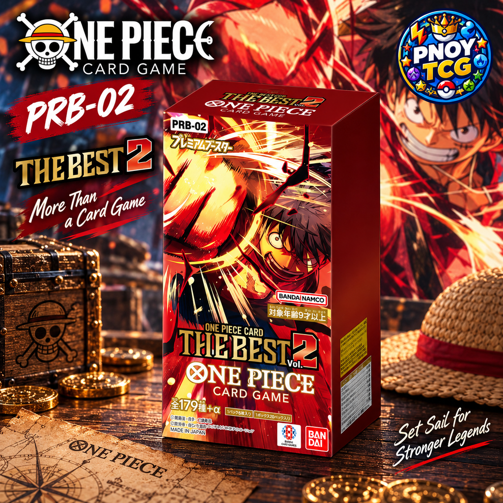 PNOY TCG promotional image of a red Japanese One Piece The Best Vol. 2 PRB-02 booster box featuring Luffy