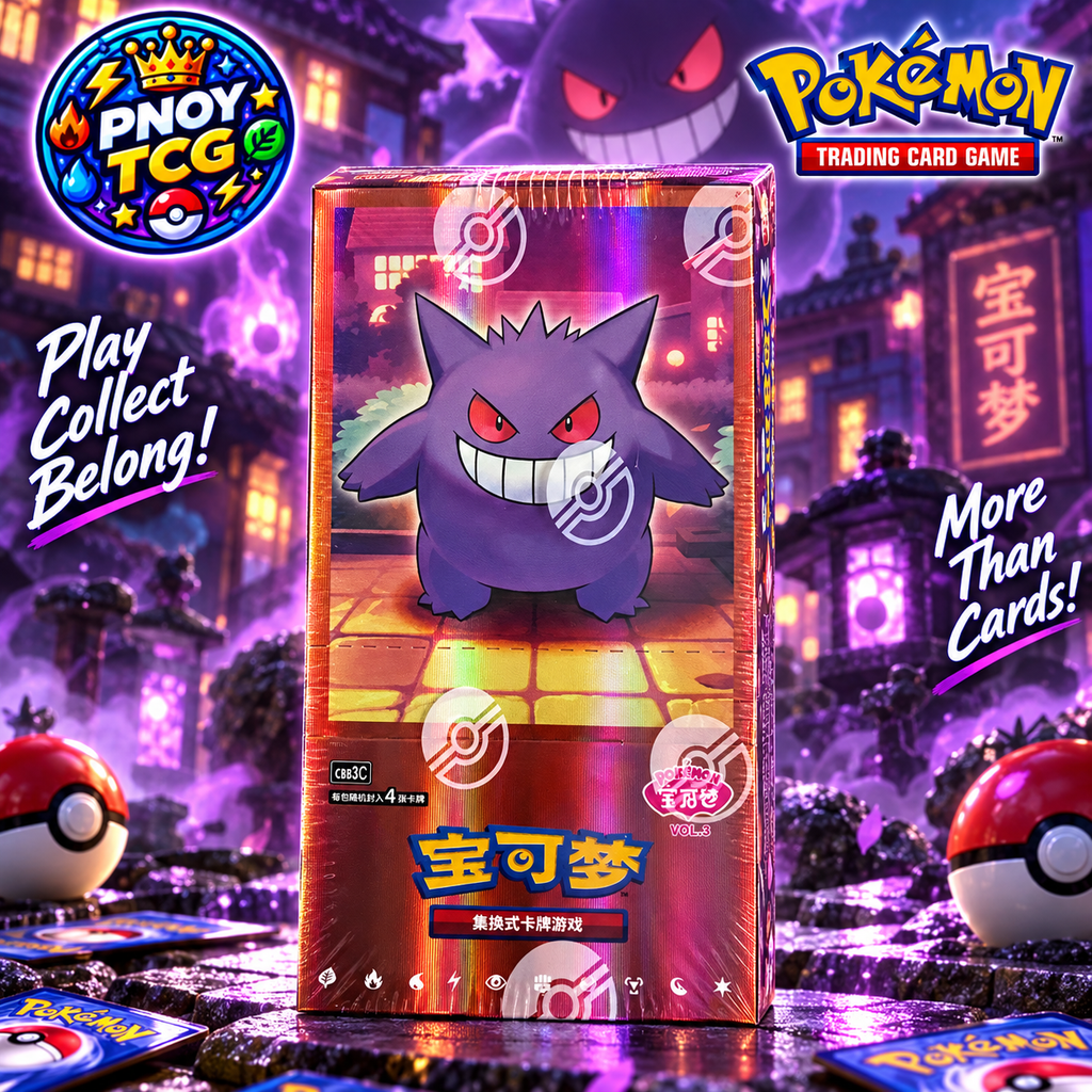 PNOY TCG promotional image of a Pokémon Gem Pack Vol. 3 Gengar booster box against a purple-lit street