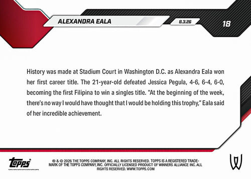 Alexandra Eala 2026 Topps NOW Tennis number 18 card back with Washington DC title milestone