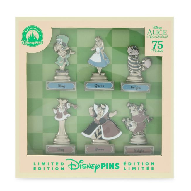 Official product image of the Alice in Wonderland 75th Anniversary six-pin set in its window display box