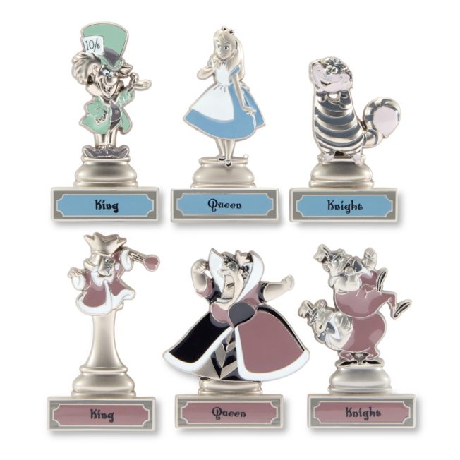 Official product image of all six Disney Alice in Wonderland 75th Anniversary chess-themed pins