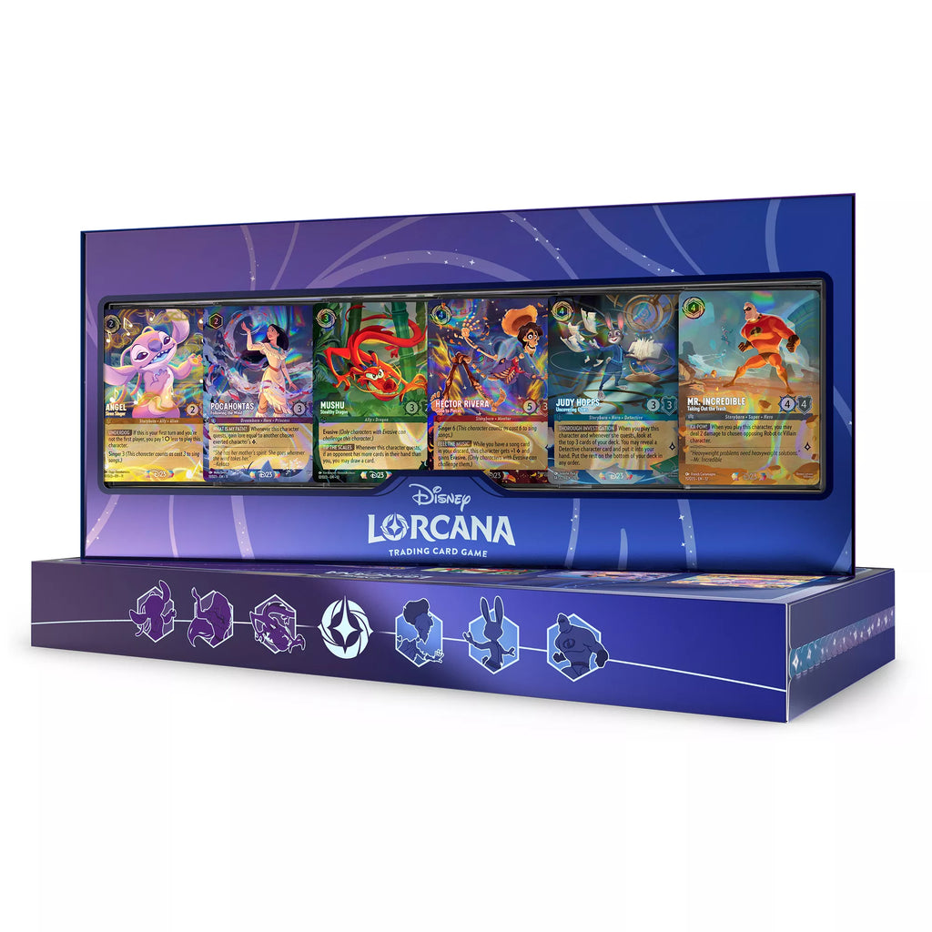 Disney Lorcana D23 2026 Collector Set in presentation packaging with Angel, Pocahontas, Mushu, Hector Rivera, Judy Hopps and Mr. Incredible foil cards