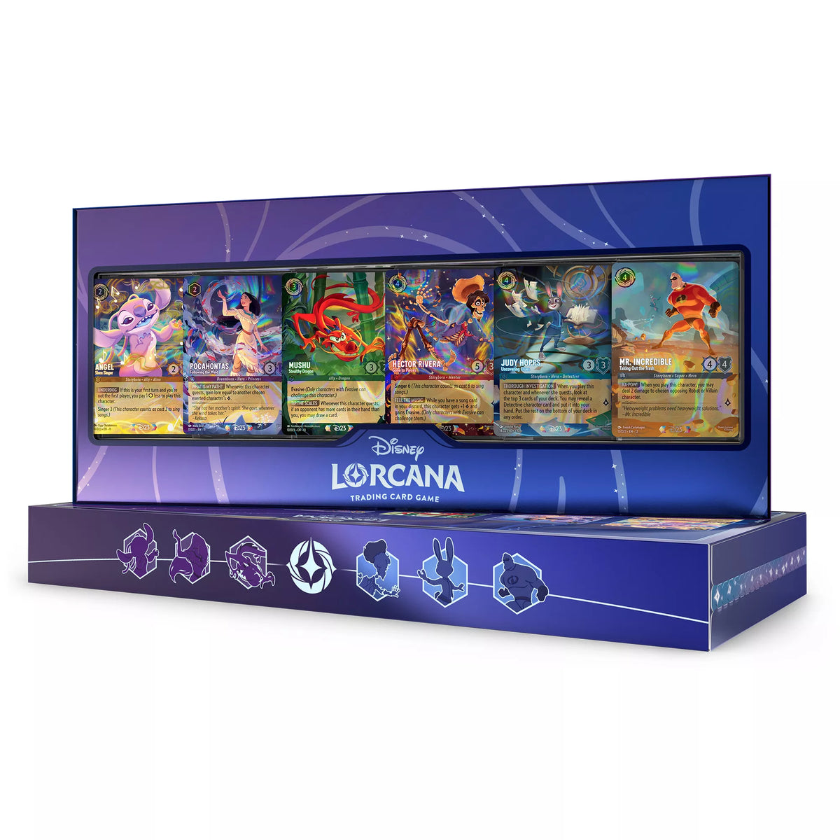 Disney Lorcana D23 2026 Collector Set in presentation packaging with Angel, Pocahontas, Mushu, Hector Rivera, Judy Hopps and Mr. Incredible foil cards
