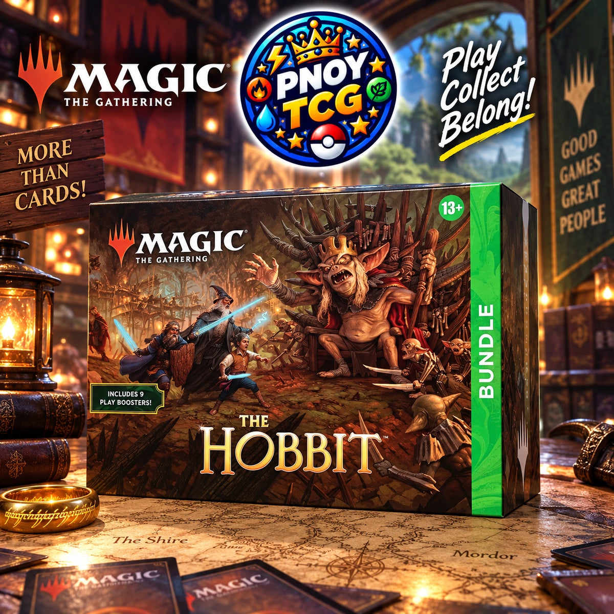 PNOY TCG promotional artwork for the English Magic: The Gathering The Hobbit Bundle containing nine Play Boosters.