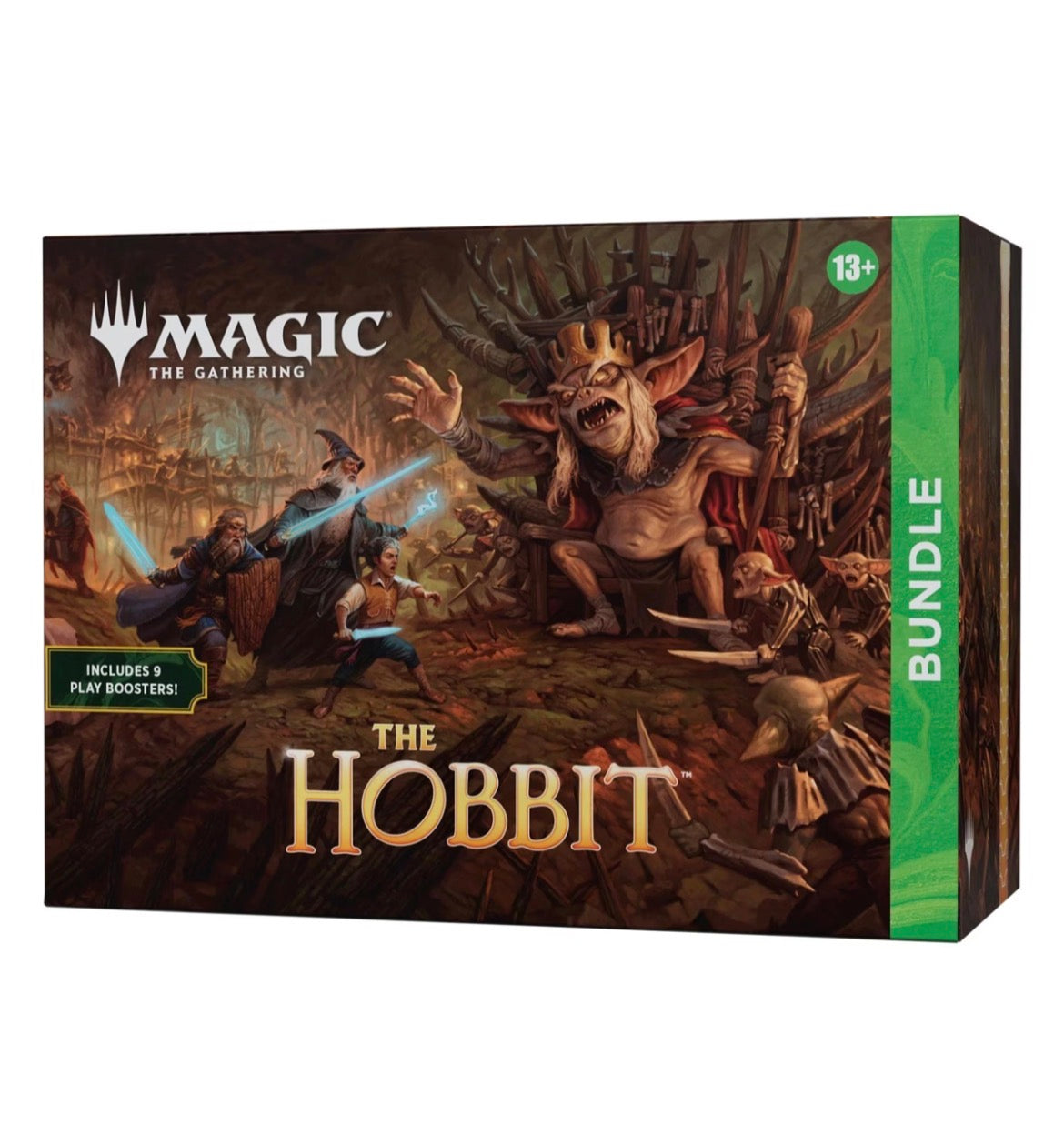 White-background product photograph of the English Magic: The Gathering The Hobbit standard Bundle, labelled as including nine Play Boosters.