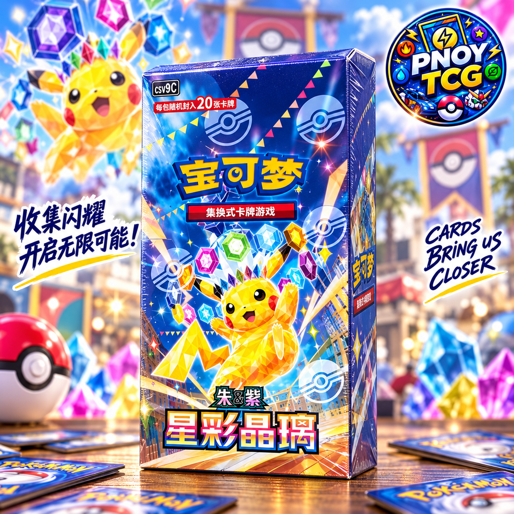 PNOY TCG promotional artwork of the Pokémon Stellar Glass CSV9C Simplified Chinese booster box, 20 cards per pack, featuring Pikachu