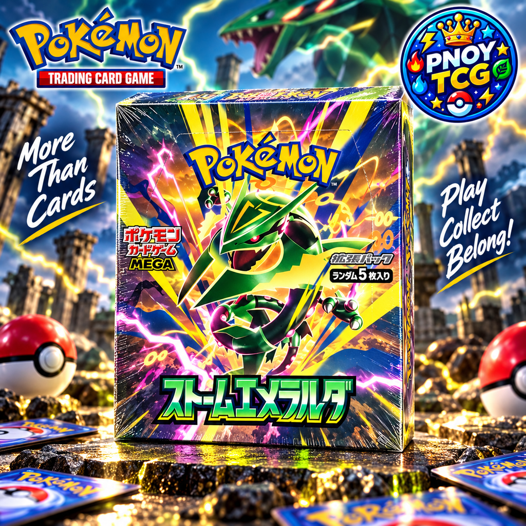 PNOY TCG promotional image of the Pokémon Storm Emeralda M6 Japanese booster box featuring Mega Rayquaza