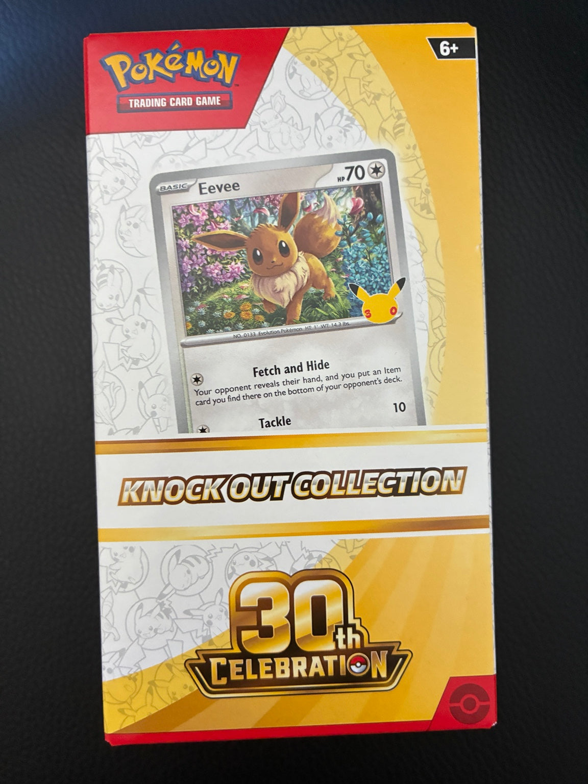 Actual English Pokémon TCG 30th Celebration Knock Out Collection box featuring Eevee with the 30th anniversary stamp.