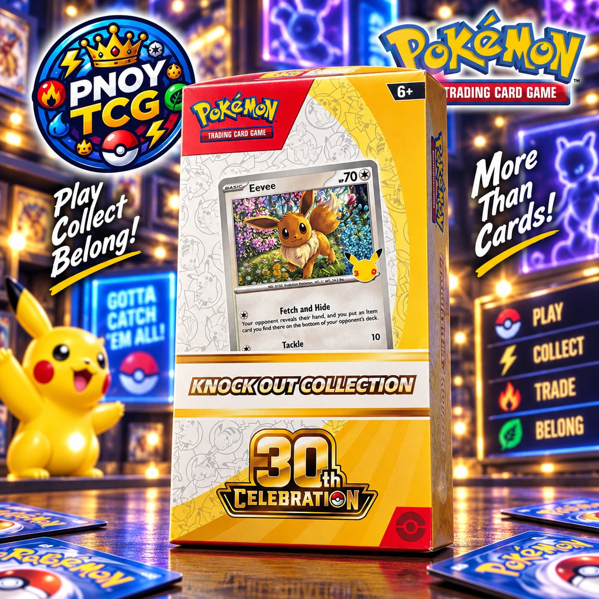 PNOY TCG promotional artwork for the English Pokémon TCG 30th Celebration Knock Out Collection featuring the Eevee anniversary foil promo.