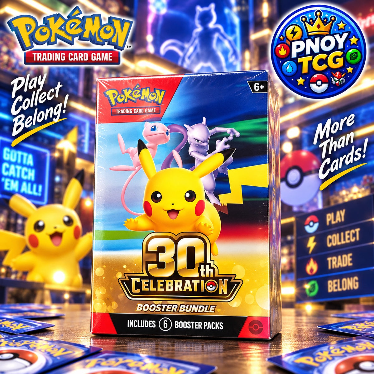 PNOY TCG promotional artwork for the English Pokémon TCG 30th Celebration Booster Bundle containing six booster packs.