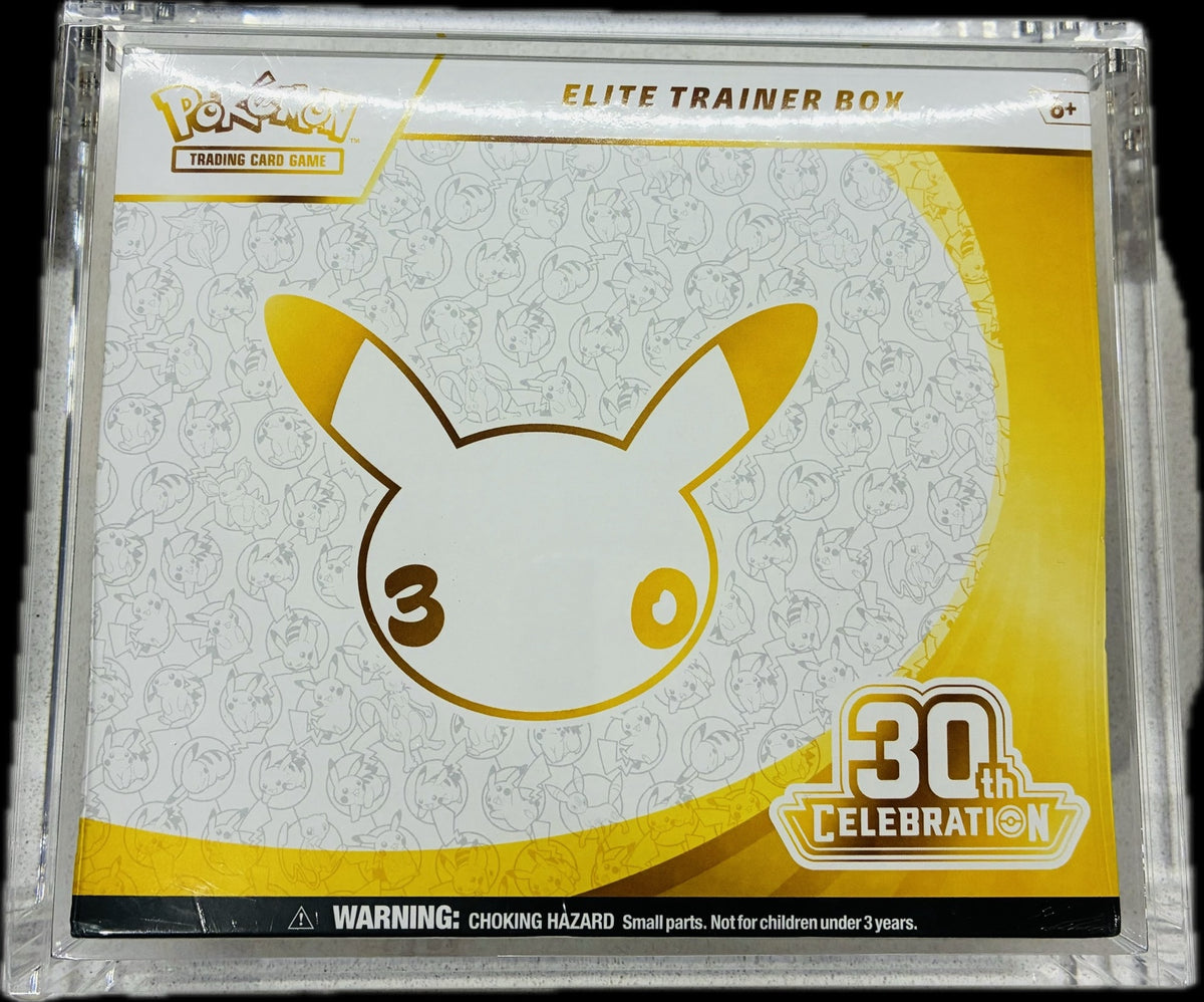 Front view of the Pokémon TCG 30th Celebration Elite Trainer Box inside the included clear acrylic display case