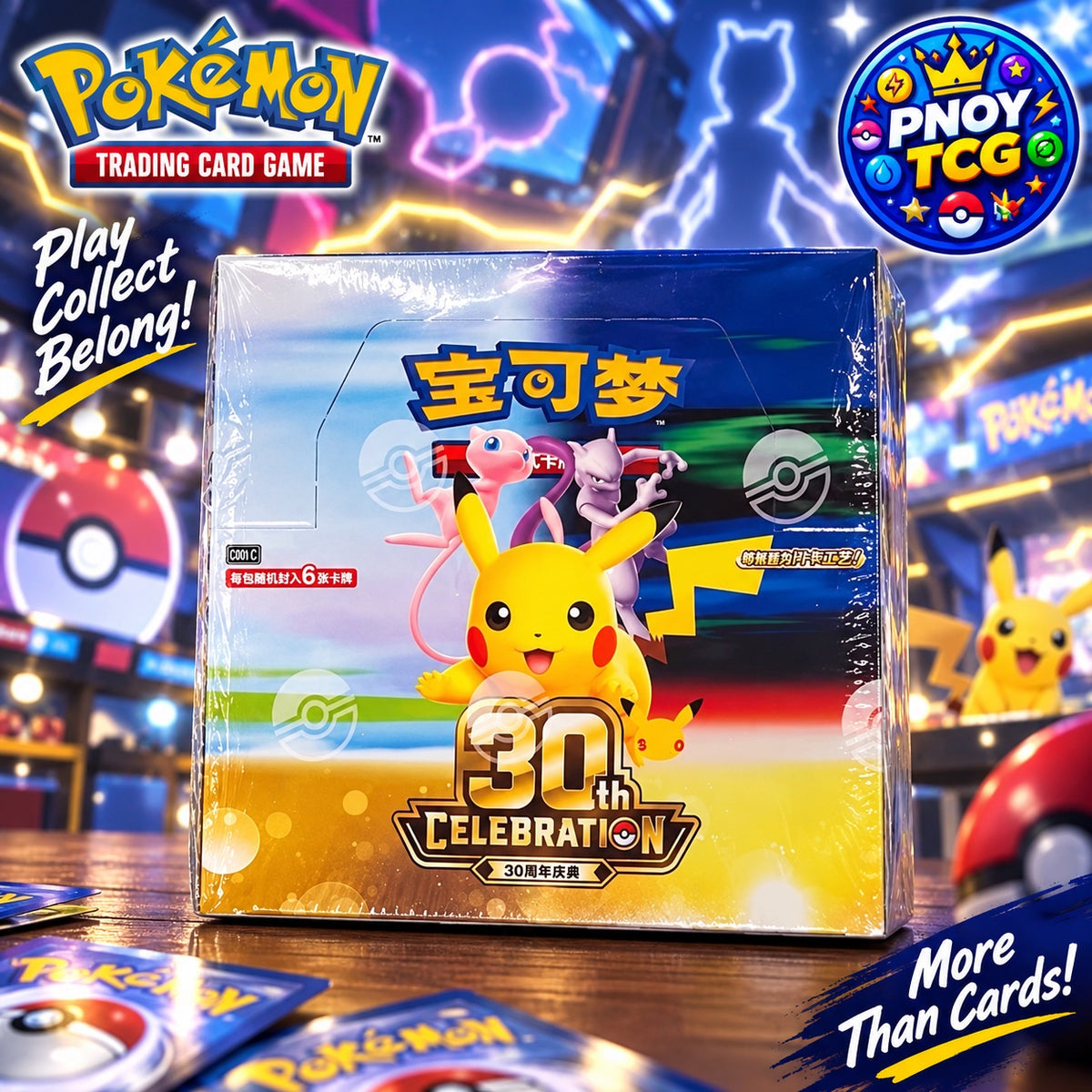 PNOY TCG promotional artwork for the Pokémon 30th Celebration Simplified Chinese booster box featuring Pikachu, Mew and Mewtwo.