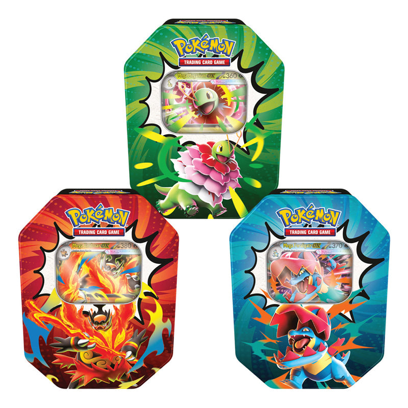 Pokémon Ascended Heroes three-tin art set – Mega Meganium ex, Mega Emboar ex and Mega Feraligatr ex stock product image