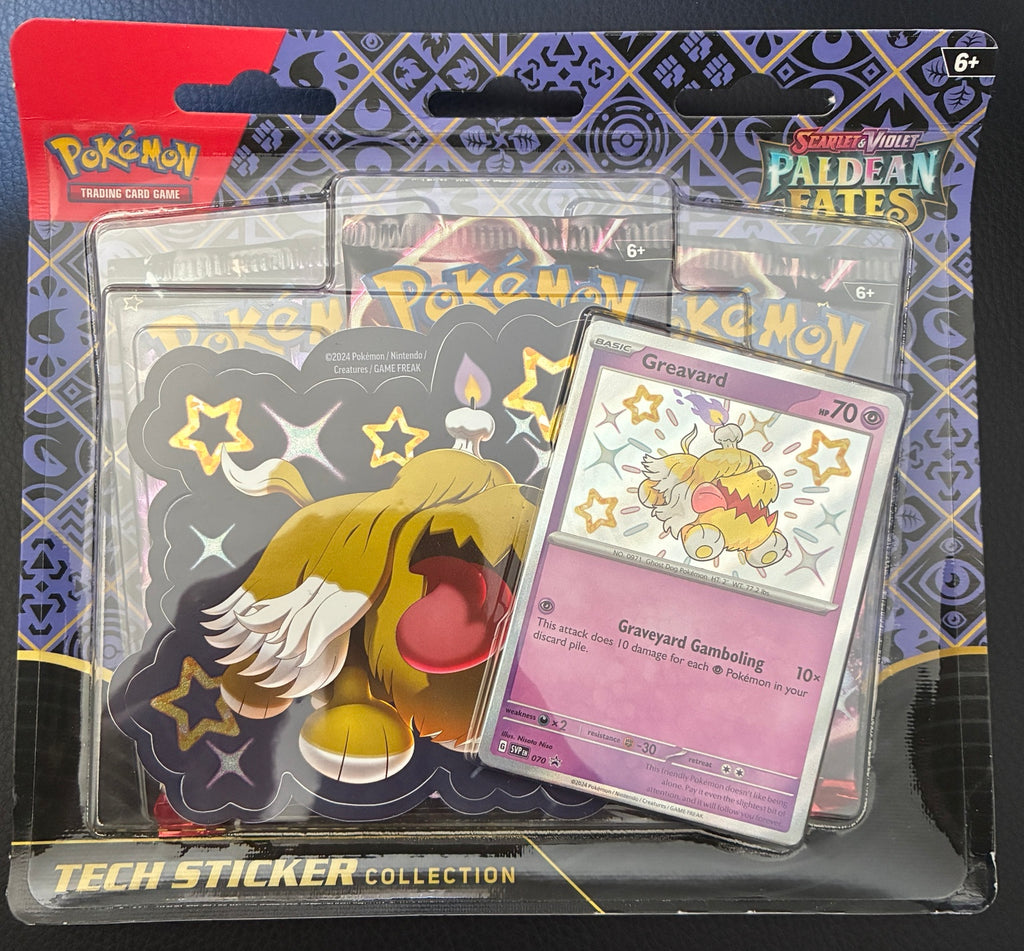 Actual sealed Pokémon Scarlet and Violet Paldean Fates Greavard Tech Sticker Collection showing the English SVP 070 Shiny Greavard promo, matching sticker and three booster packs.
