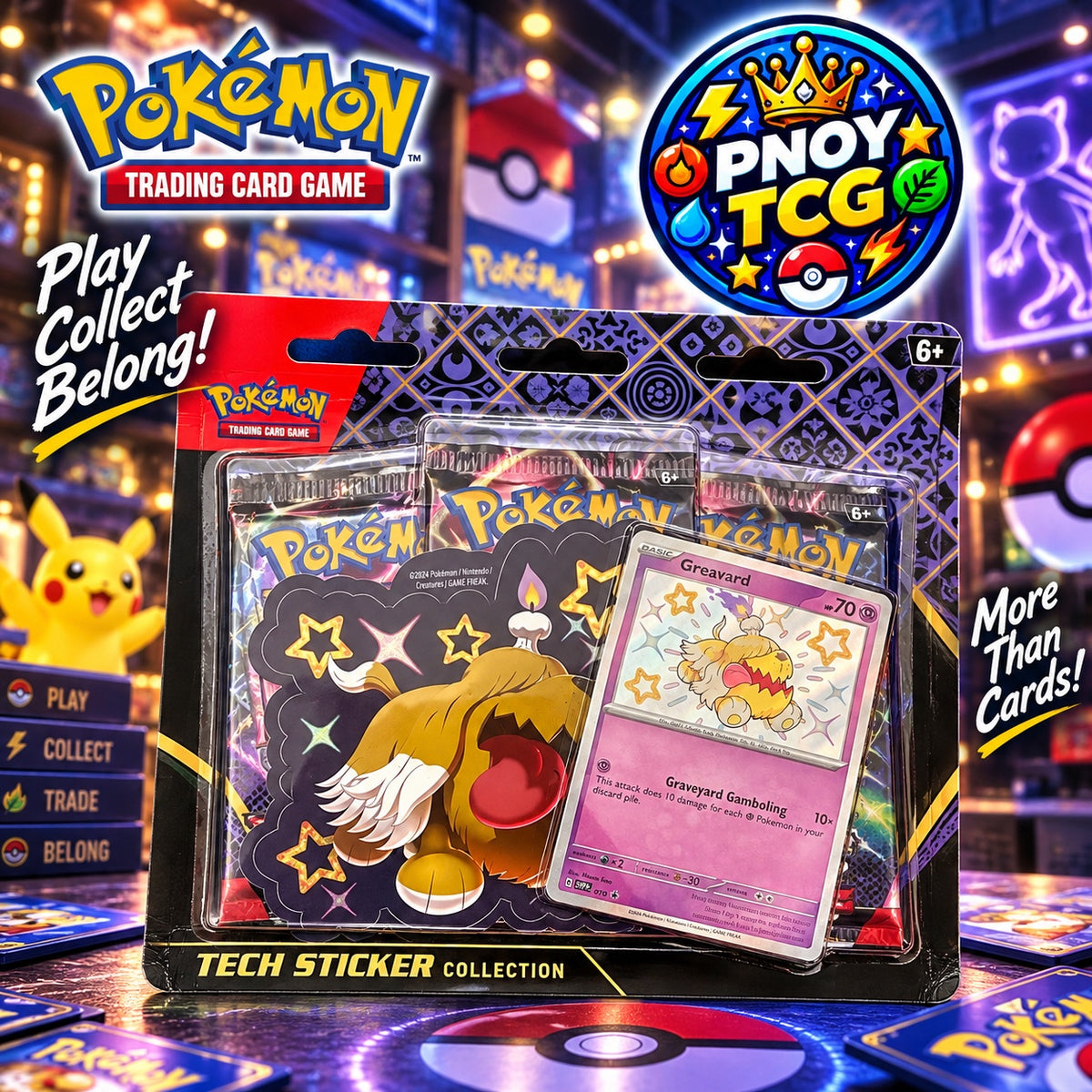 PNOY TCG promotional artwork for the English Pokémon Paldean Fates Greavard Tech Sticker Collection, with three booster packs, Shiny Greavard promo and tech sticker.