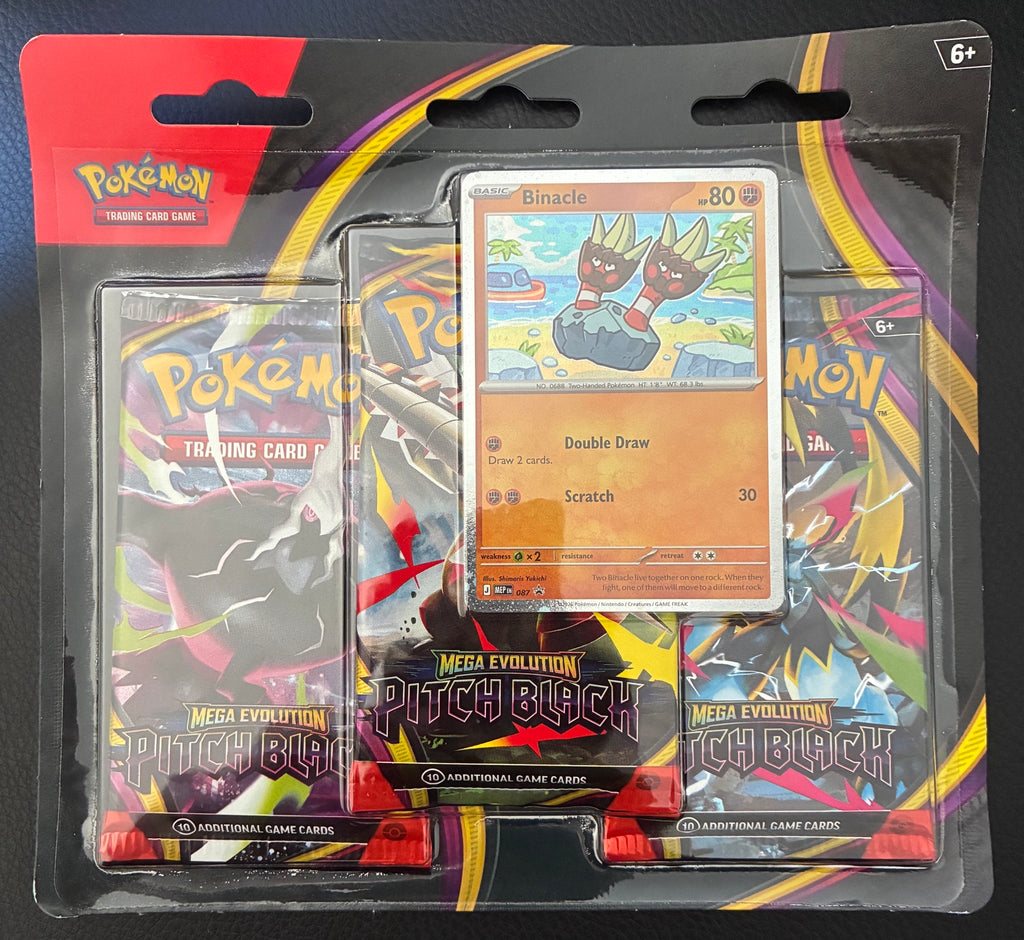 Actual sealed English Pokémon Mega Evolution Pitch Black blister containing three booster packs and the Binacle MEP 087 promo card.