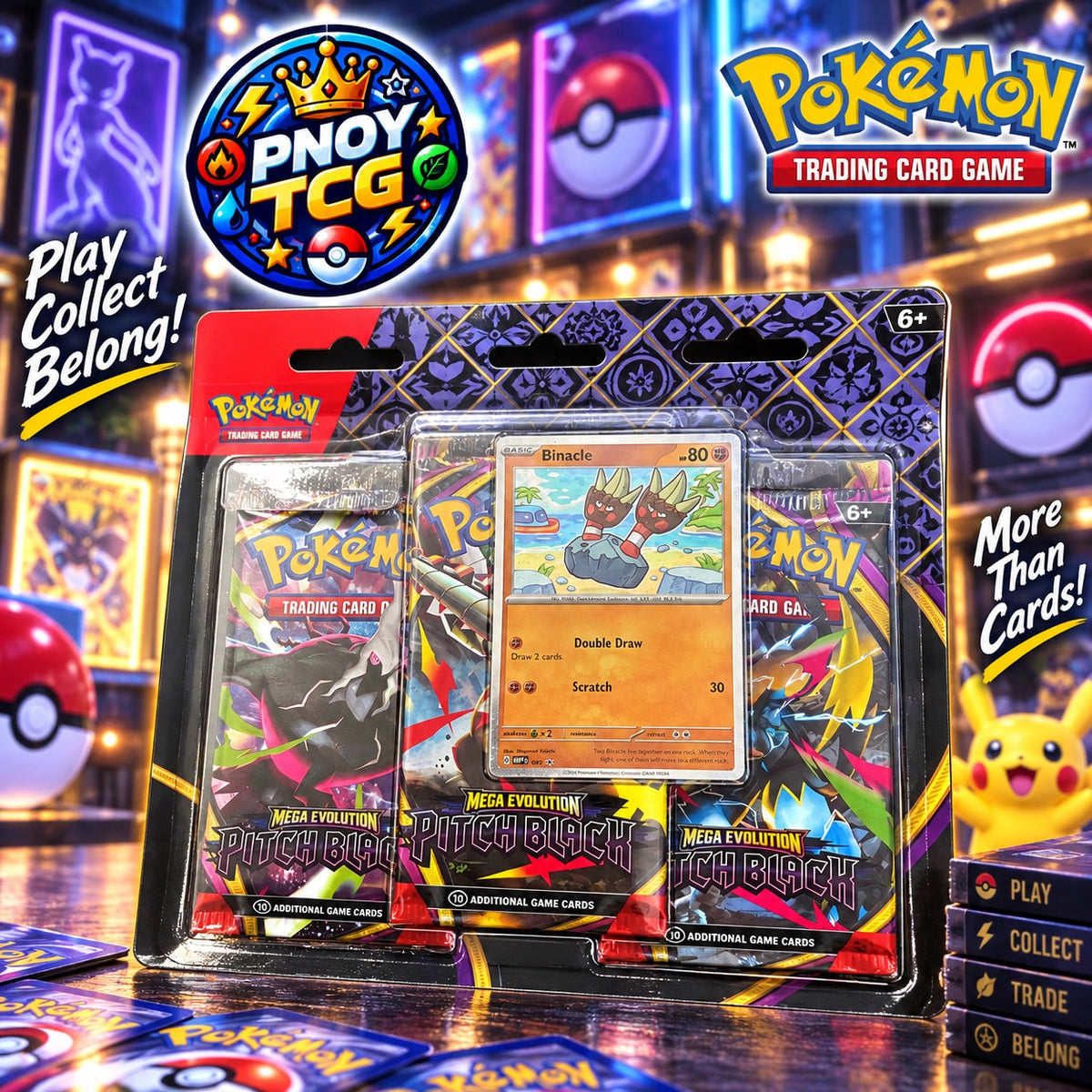 PNOY TCG promotional artwork for the English Pokémon Mega Evolution Pitch Black three-pack blister with Binacle promo card.