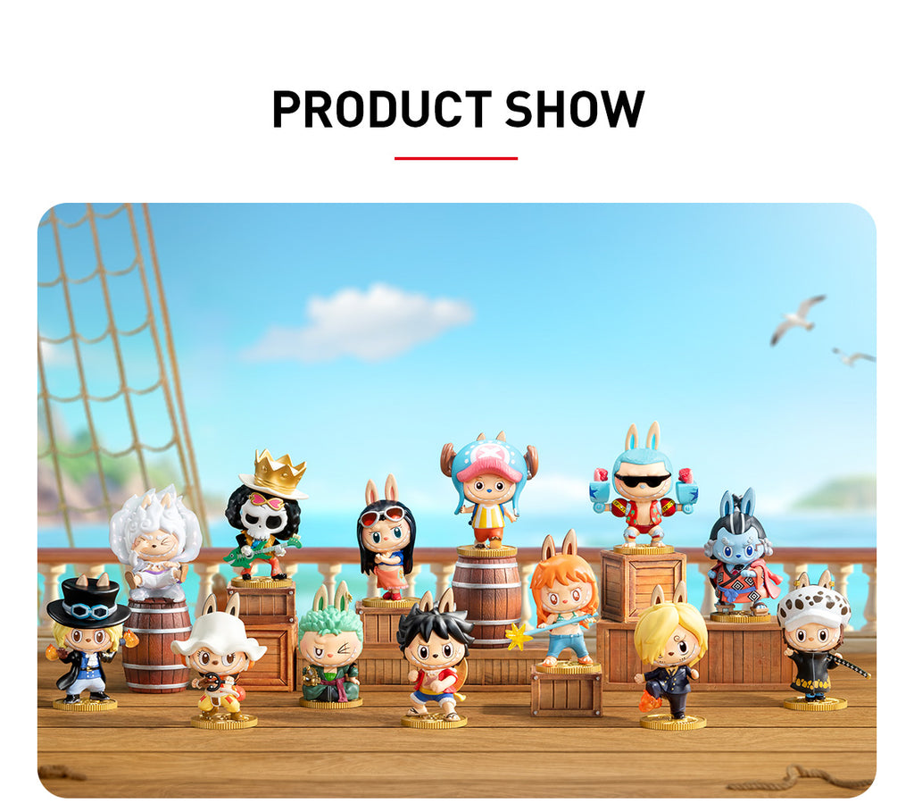 Official THE MONSTERS x ONE PIECE character lineup showing possible figures; contents random